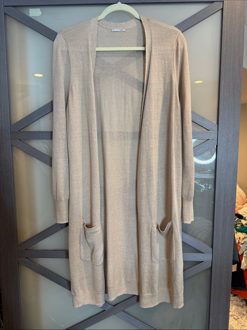 Long Open-Front Halogen Linen Blend Cardigan Sweater in Beige